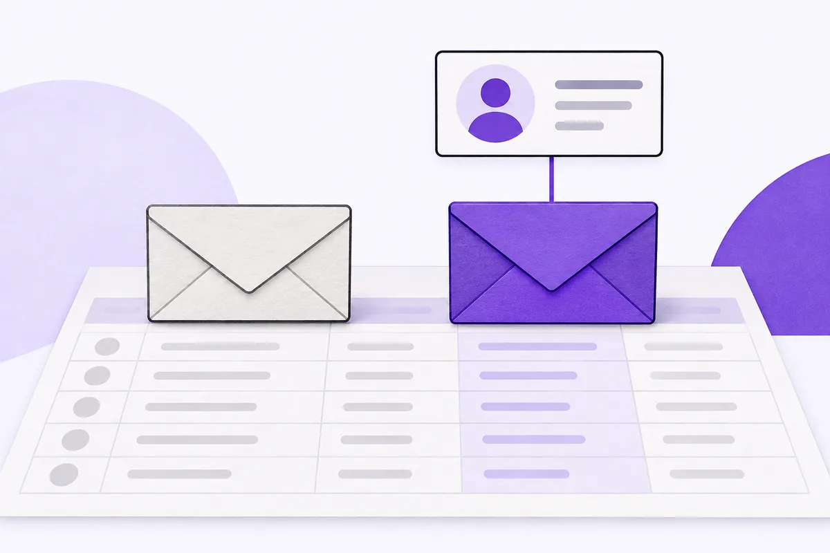 Two email addresses on a spreadsheet, with a person profile connected only to the matching address.