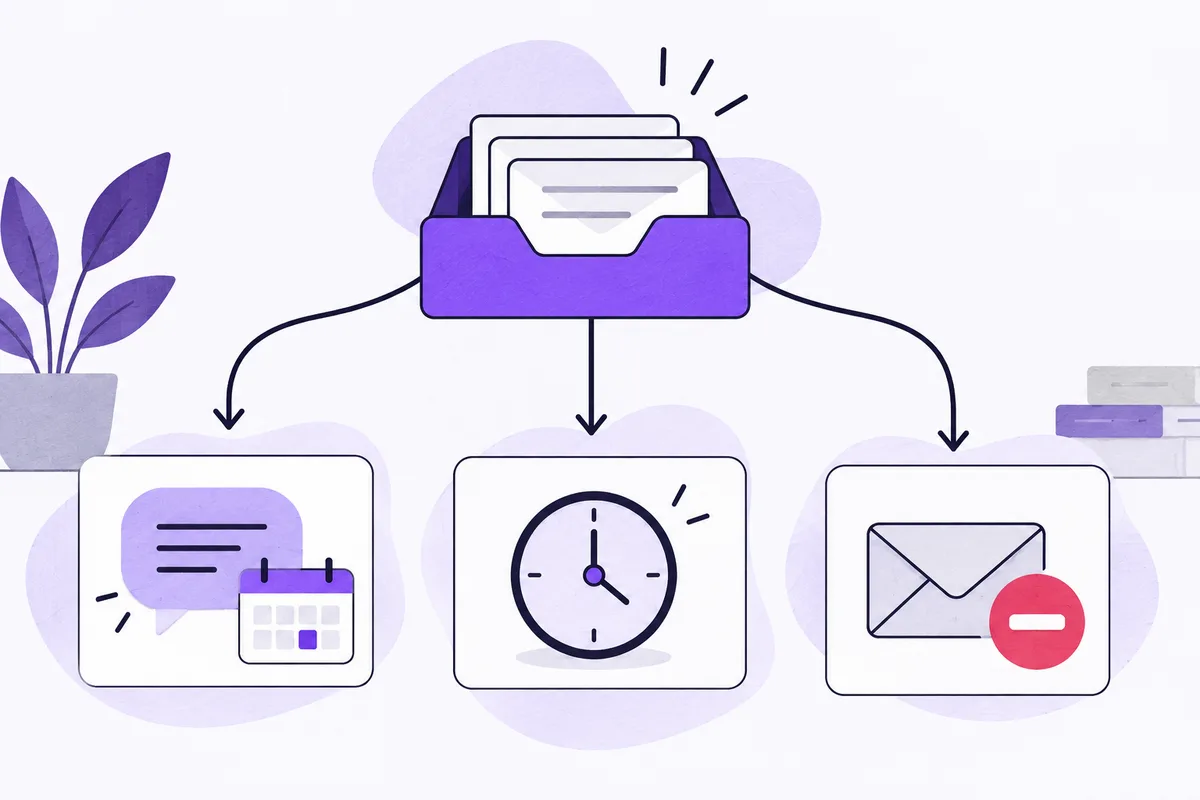 An inbox branches into three reply actions: arrange a meeting, follow up later, or stop contacting.