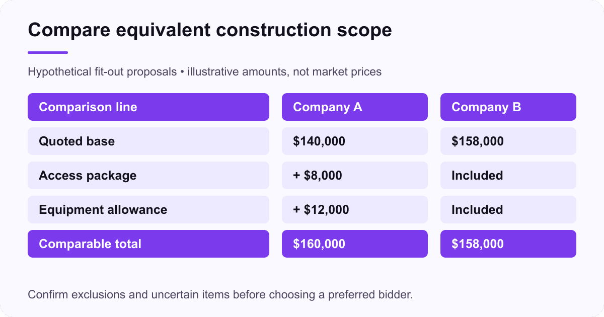 Hypothetical construction quotes: Company A’s $140,000 base plus $20,000 in excluded items totals $160,000, compared with Company B’s inclusive $158,000.