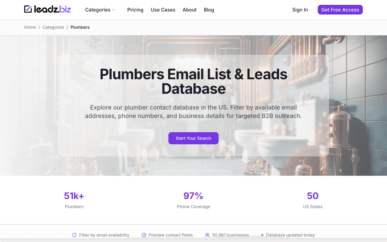 Leadz public plumbers category preview, captured September 6, 2026