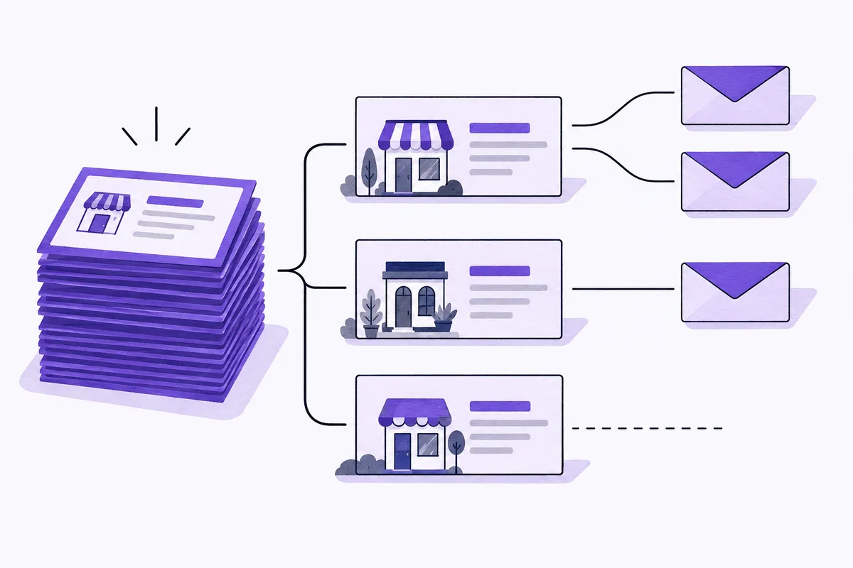 Three business records linked to two, one, and zero email addresses illustrate different counting units.